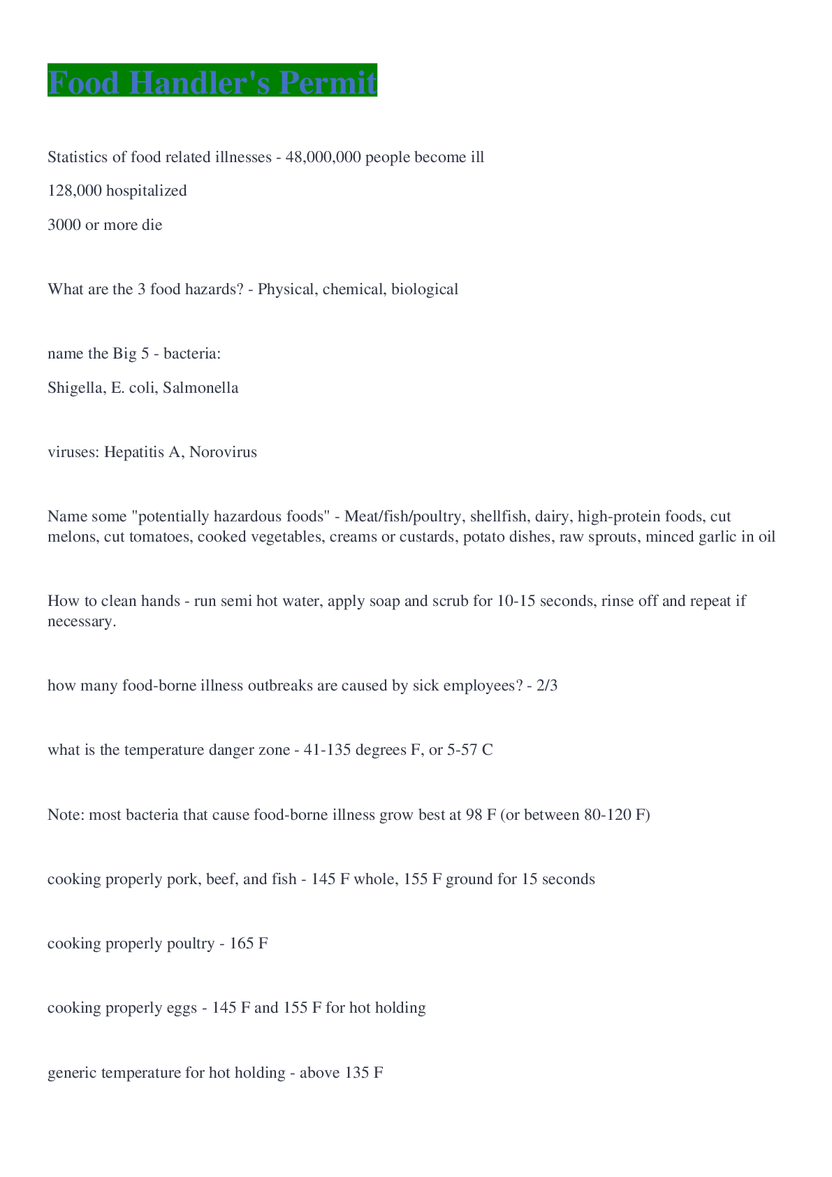 Preview image for Food Handler's Permit COMPLETED LATEST 2022